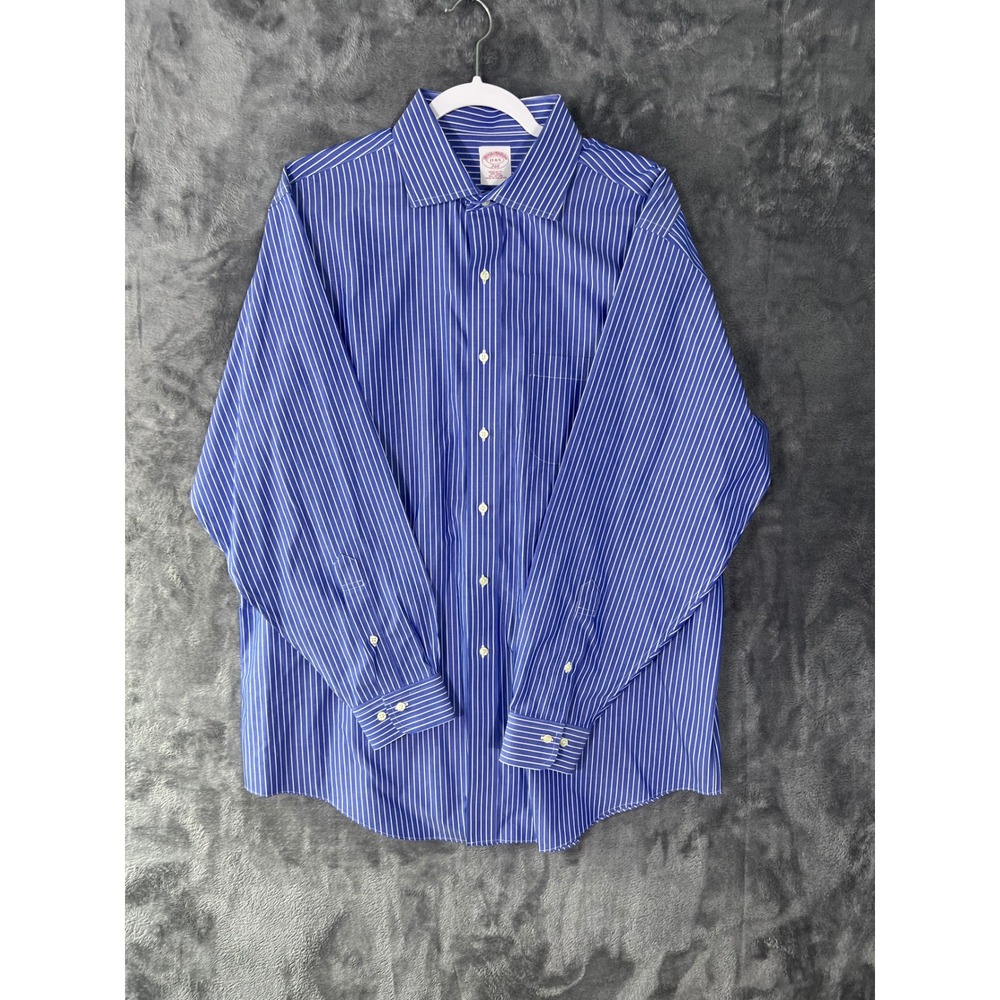 Brooks Brothers 346 Mens 17-4/5 Blue White Stripe Non-Iron Cotton Dress Shirt - Picture 1 of 13